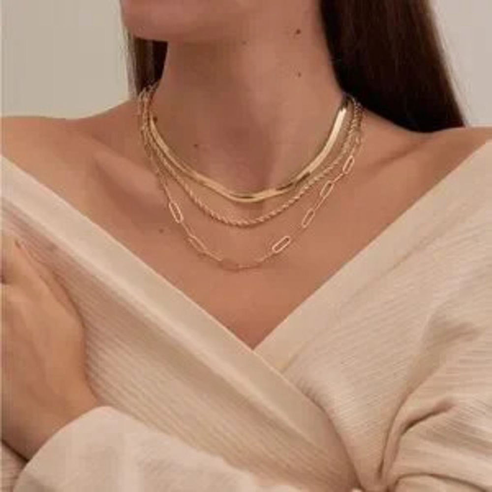 14K Gold Plated 3pc Paperclip Herringbone Necklace Set